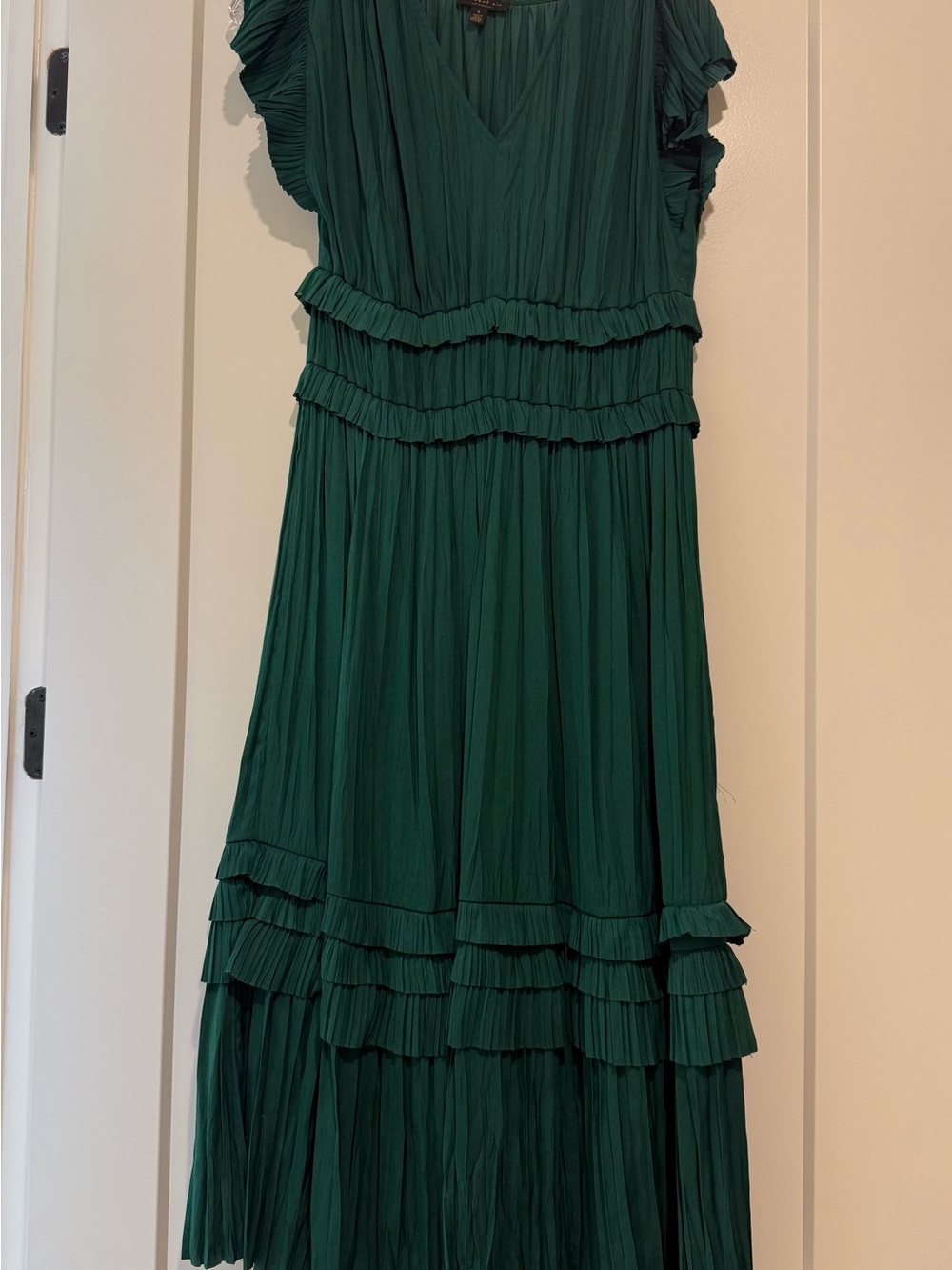 Anthropologie Emerald Green Pleated Midi Dress with Ruffle Tiers